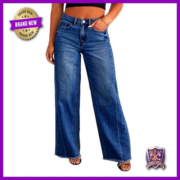Denim - Plus Size Wide Leg Jeans Elastic High Waist Stretchy Raw Hem Denim Pants